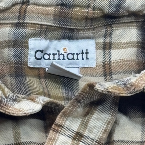 Vtg Carhartt Mens Large Tall Long Sleeve Button Cotton Brown Plaid Flannel Shirt - Picture 9 of 12